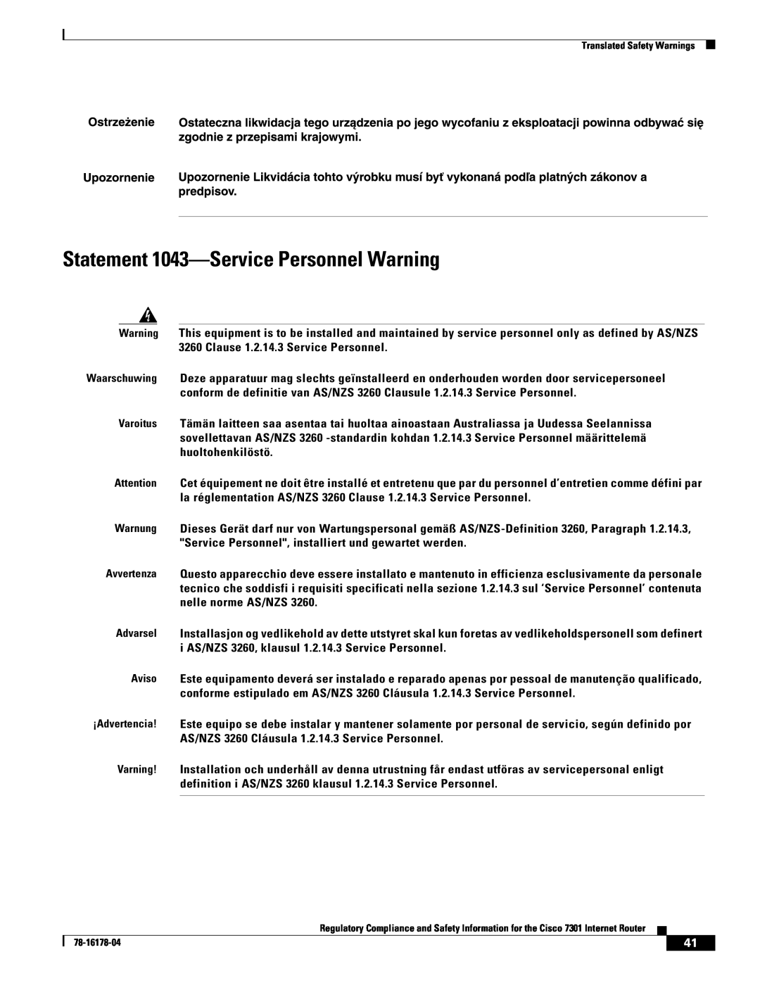 Cisco Systems CISCO7301 manual Statement 1043-Service Personnel Warning 