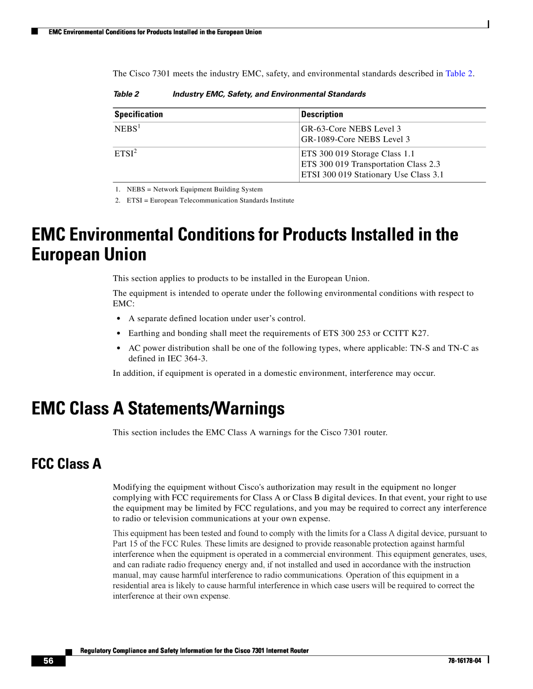 Cisco Systems CISCO7301 manual EMC Class A Statements/Warnings, FCC Class A 