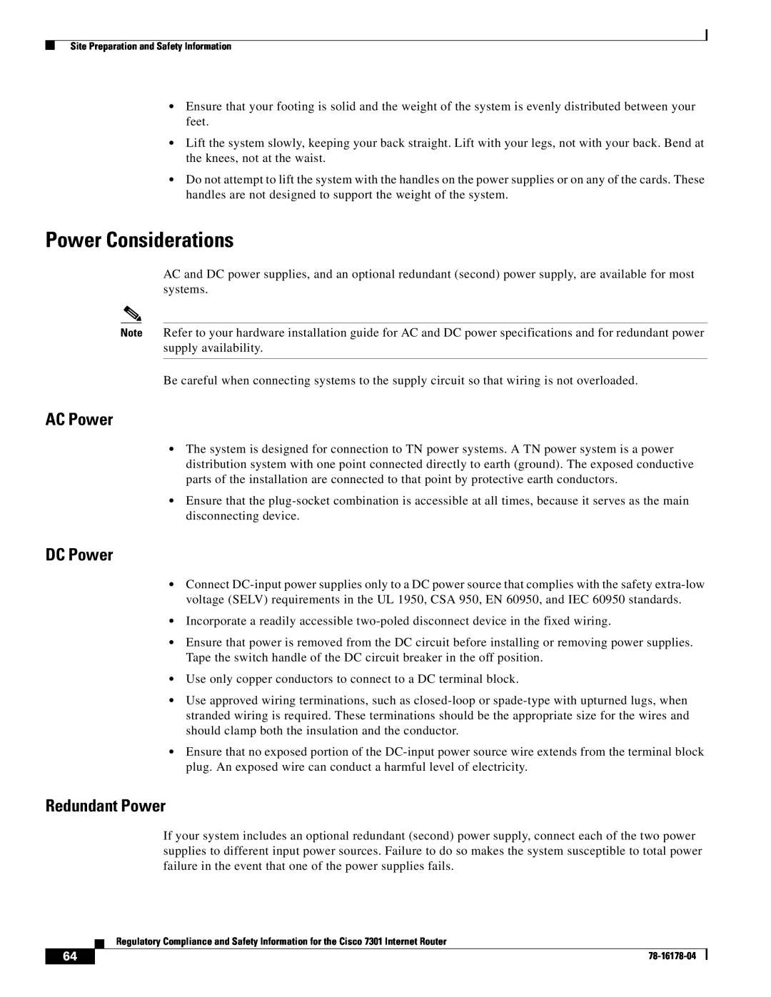 Cisco Systems CISCO7301 manual Power Considerations, AC Power, DC Power, Redundant Power 