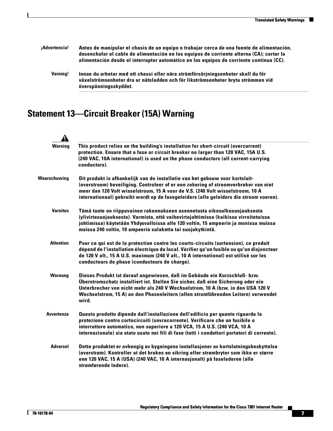 Cisco Systems CISCO7301 manual Statement 13-Circuit Breaker 15A Warning 