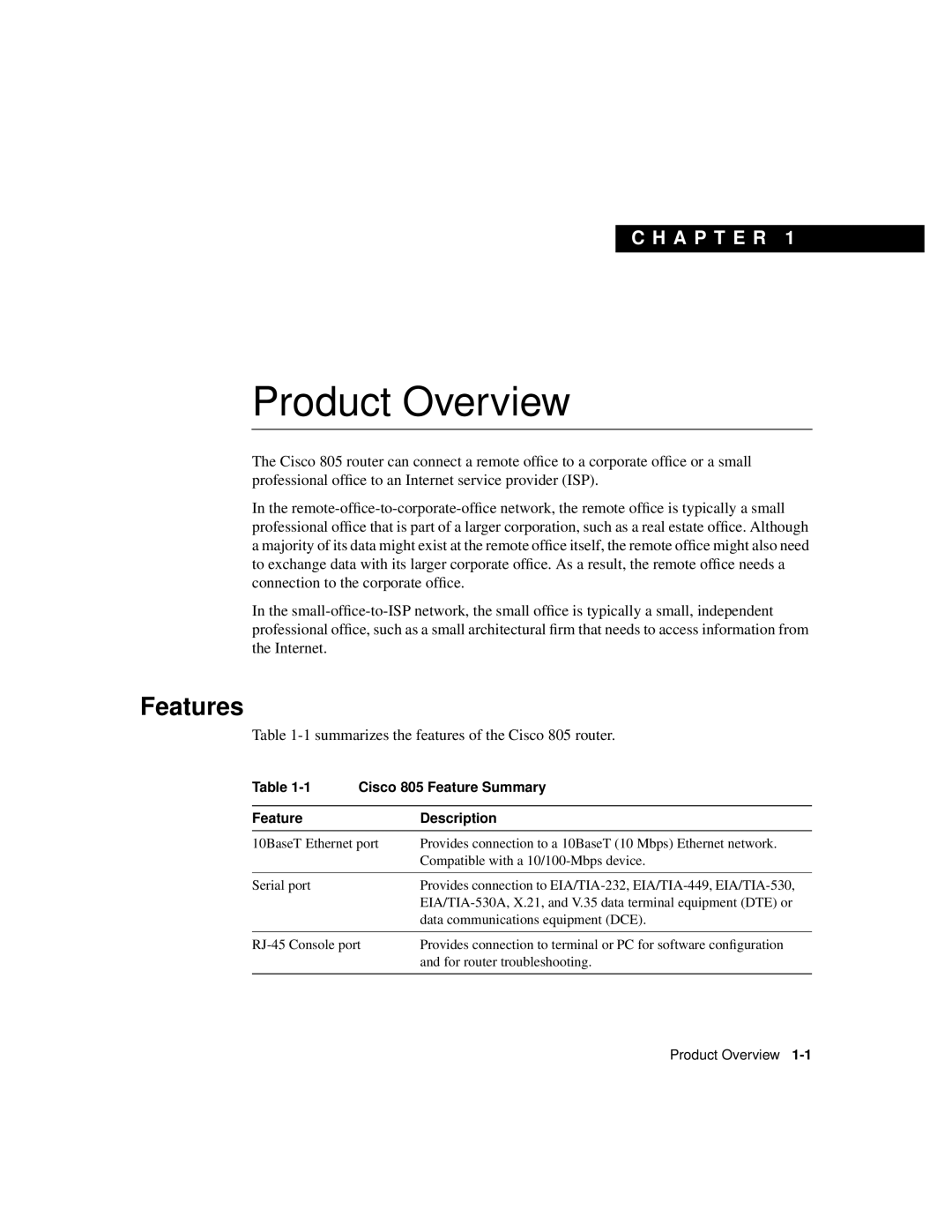 Cisco Systems CISCO805 manual Features, Cisco 805 Feature Summary, Feature Description 