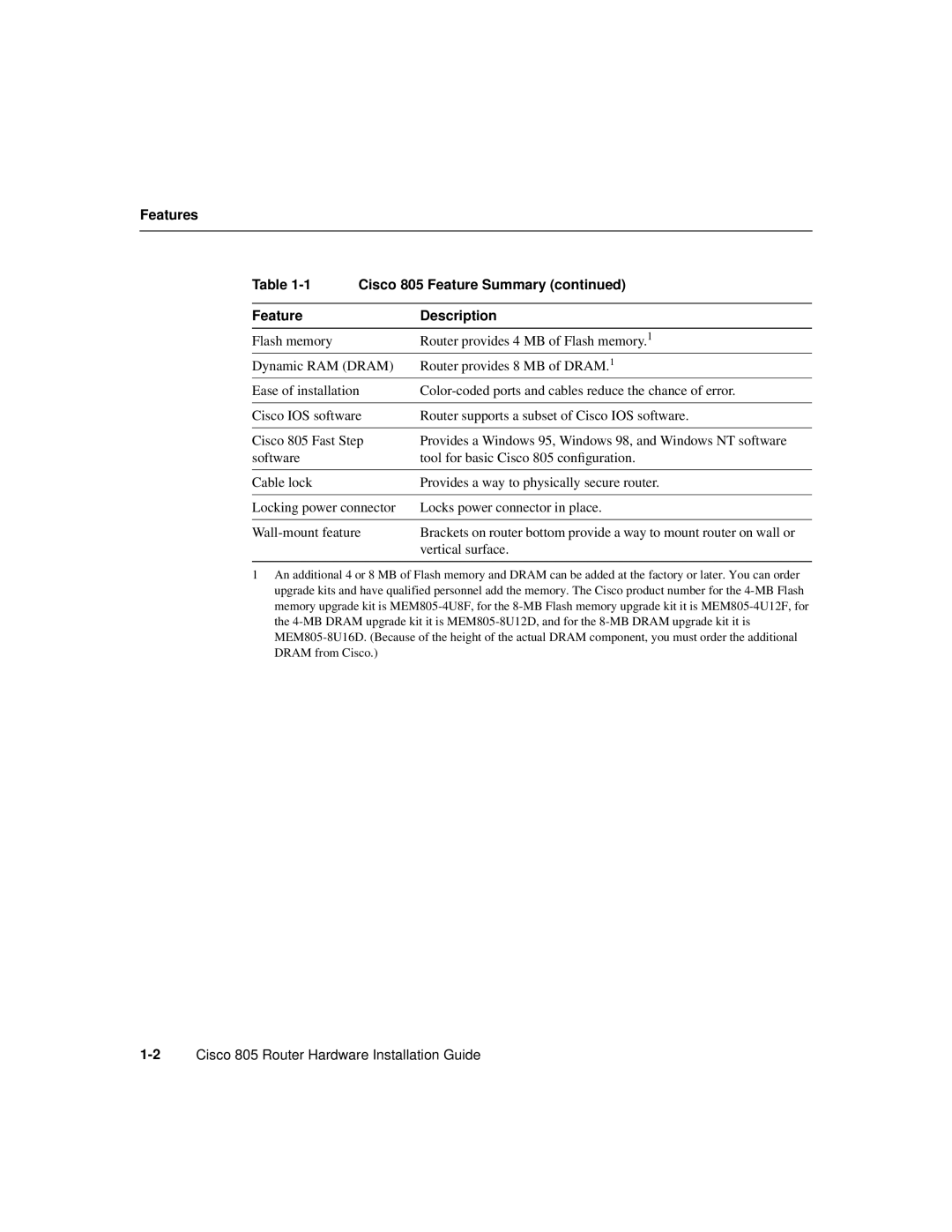 Cisco Systems CISCO805 manual Features Cisco 805 Feature Summary Description 