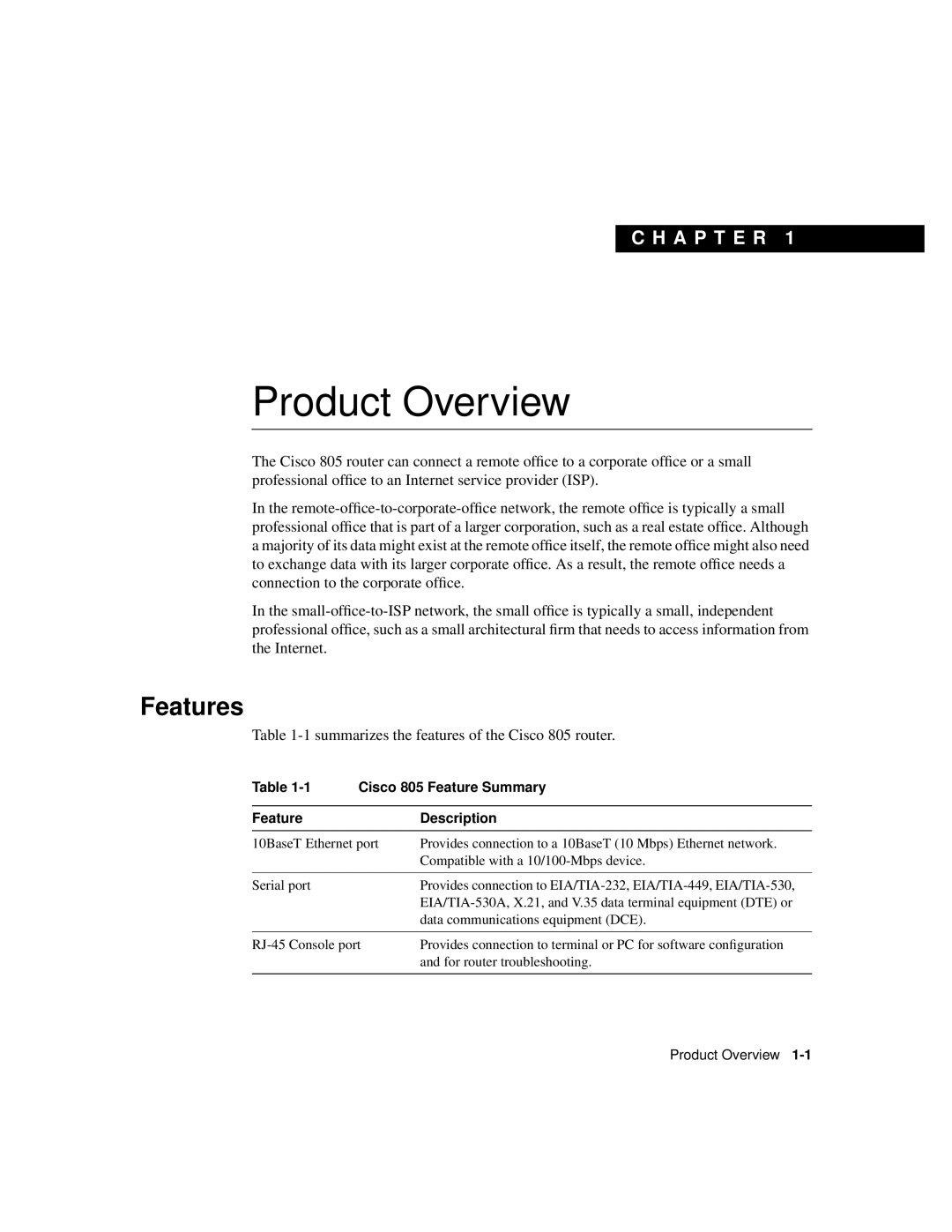 Cisco Systems CISCO805 manual Features, Product Overview, C H A P T E R 