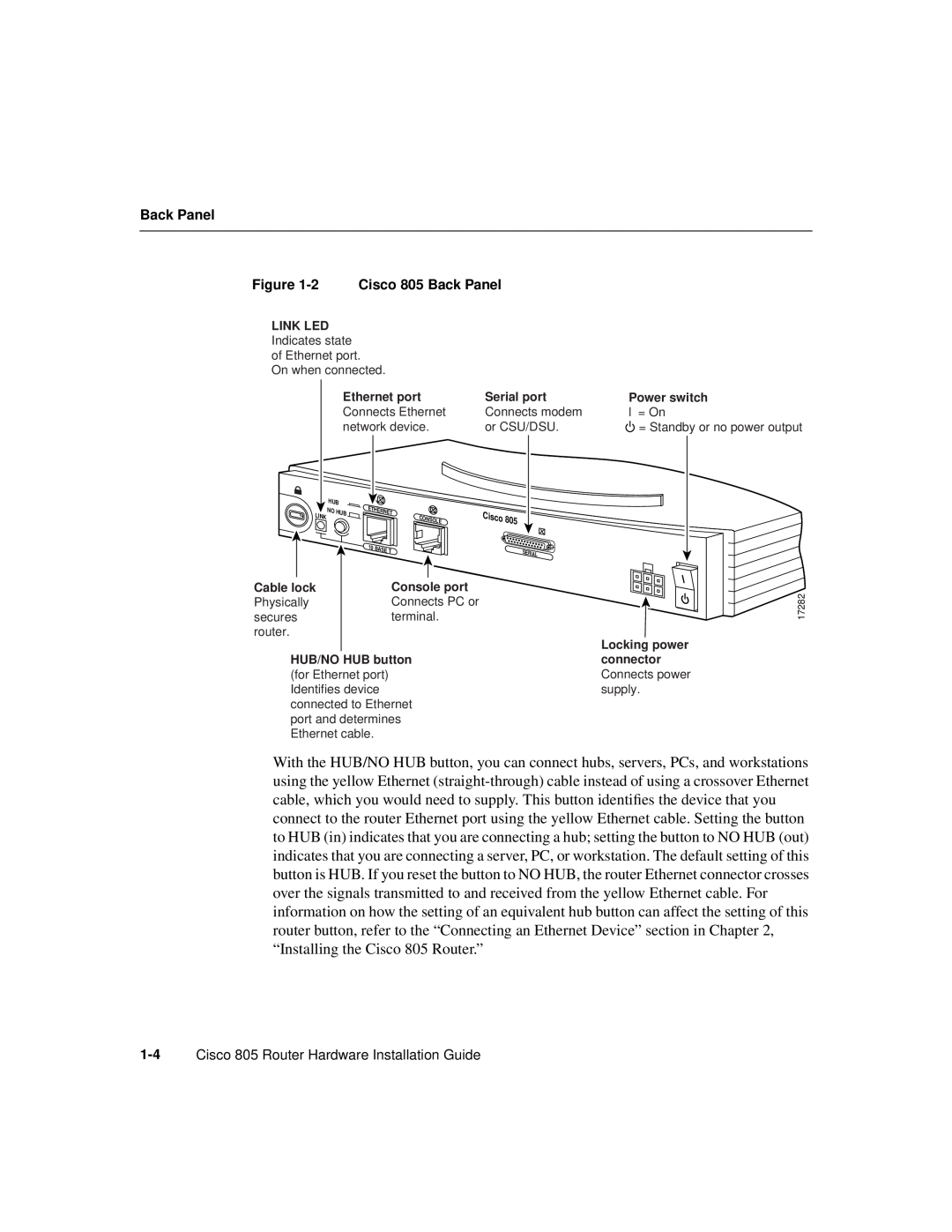 Cisco Systems CISCO805 manual 2 Cisco 805 Back Panel, Cisco 805 Router Hardware Installation Guide 