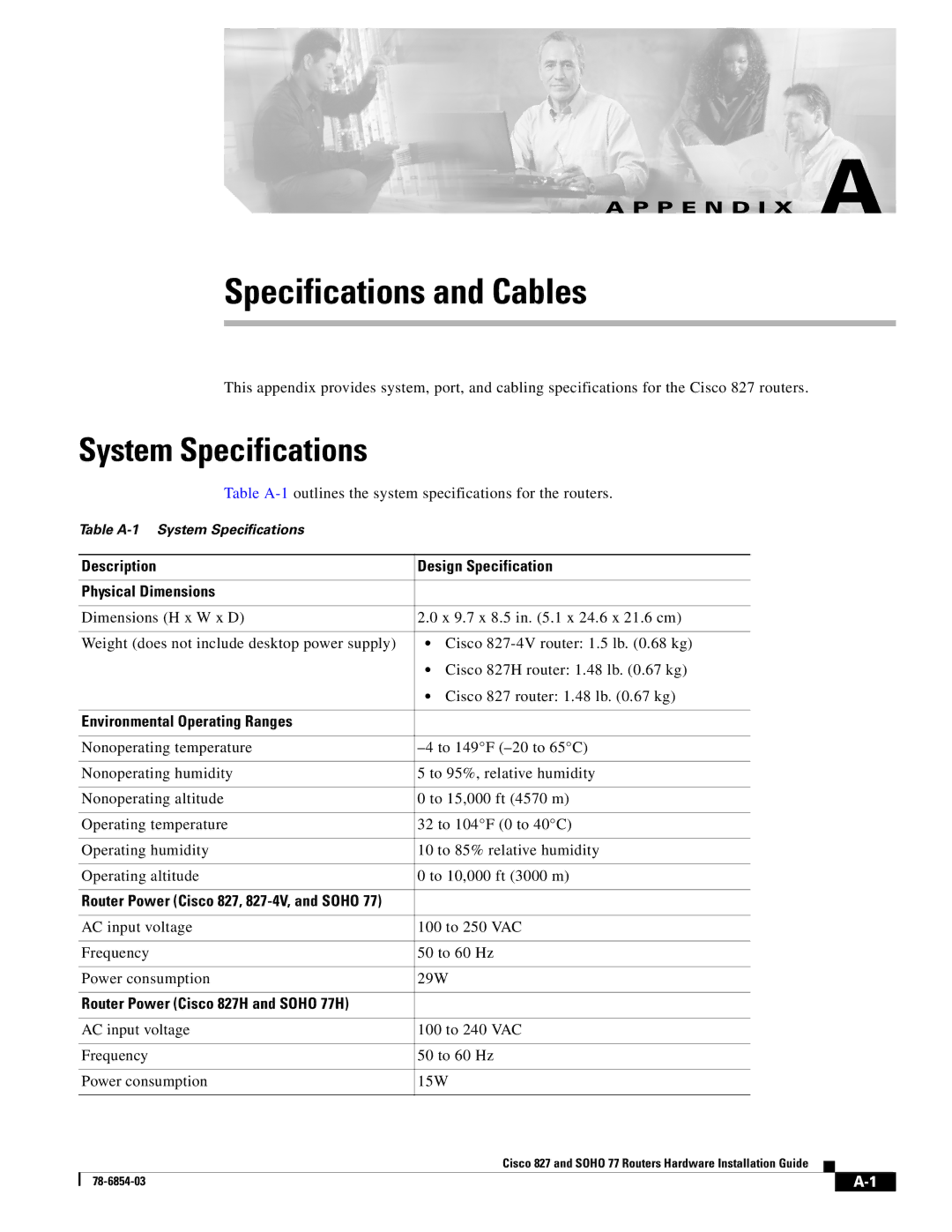 Cisco Systems CISCO827 appendix System Specifications, Description Design Specification Physical Dimensions 