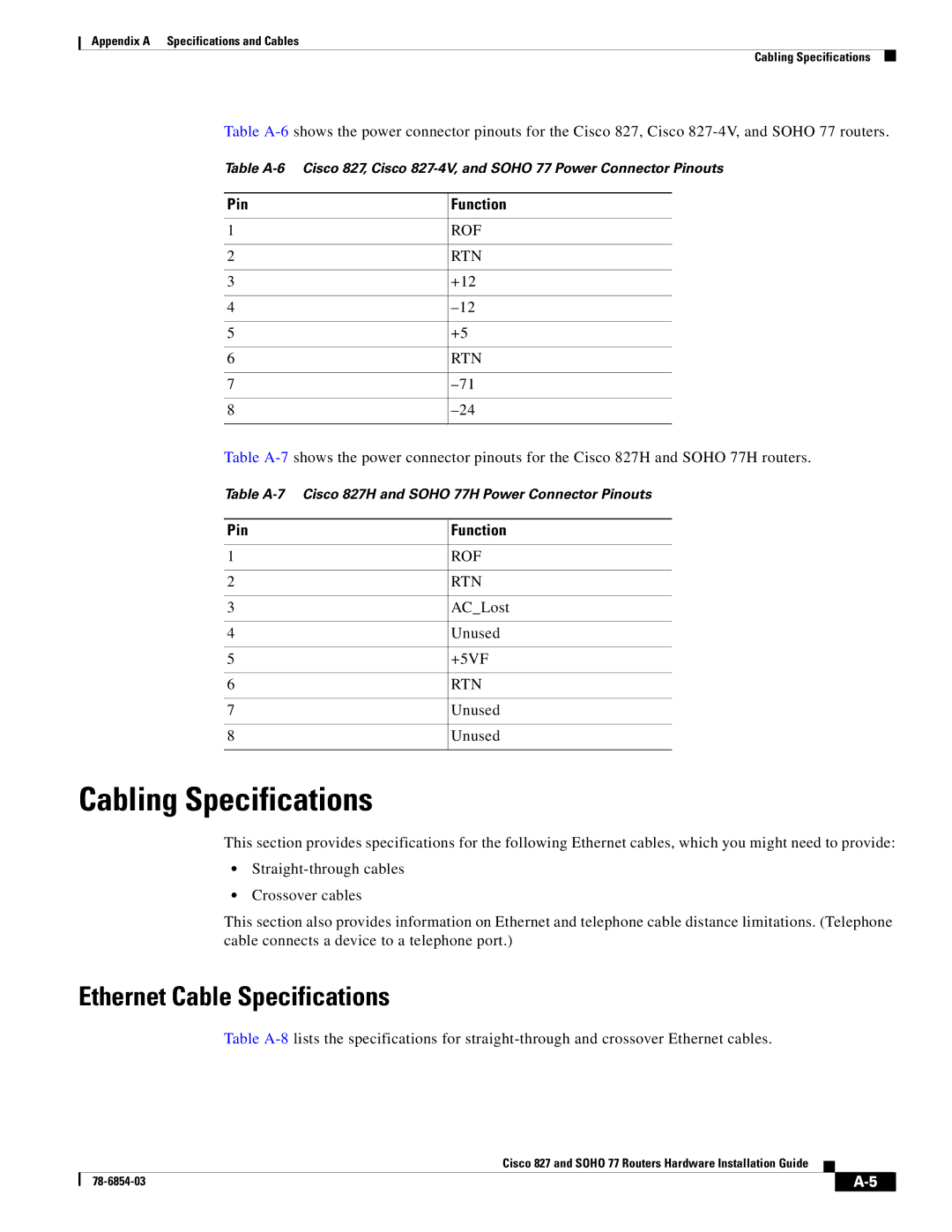 Cisco Systems CISCO827 appendix Cabling Specifications, Ethernet Cable Specifications, Rof, Rtn 