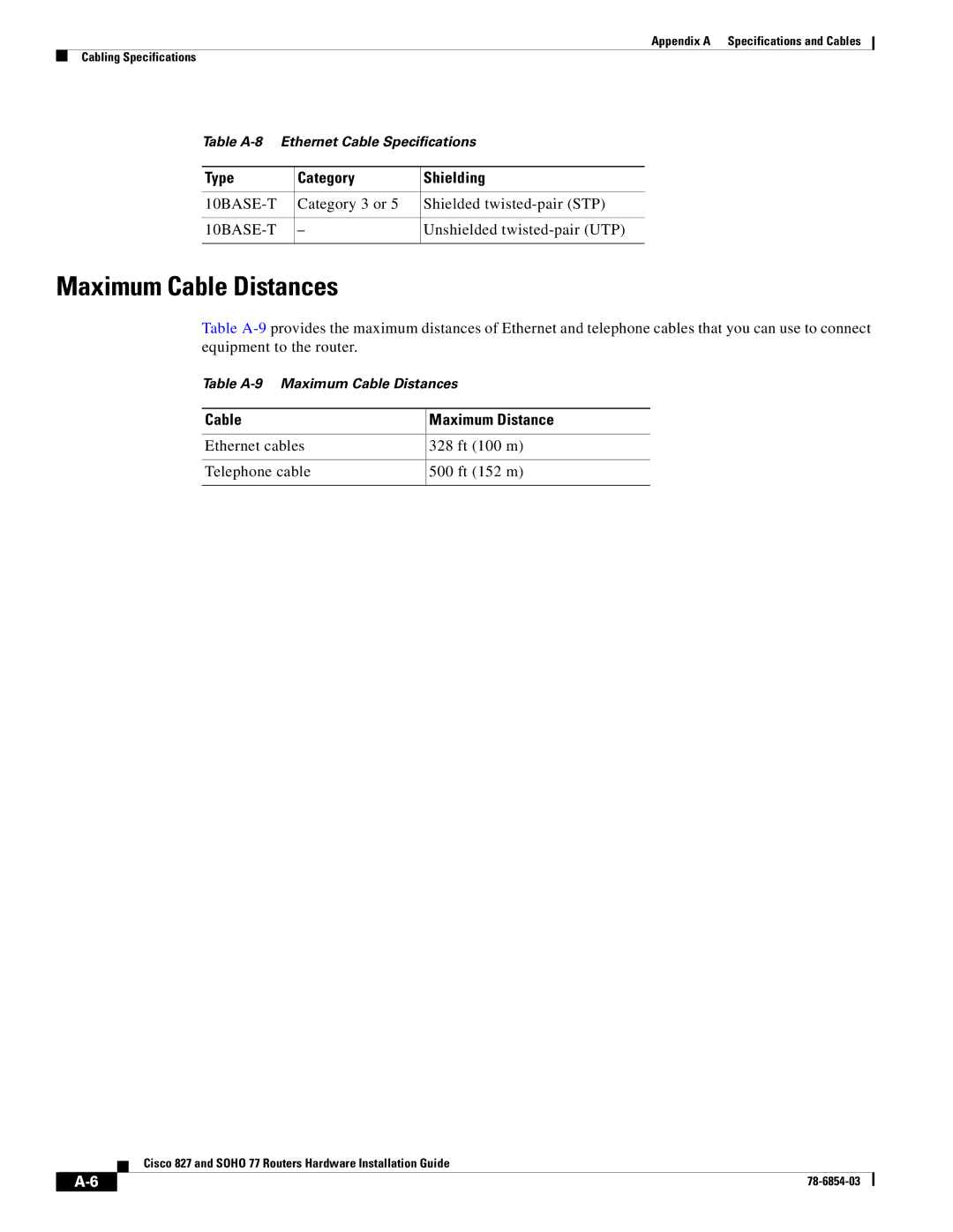 Cisco Systems CISCO827 appendix Maximum Cable Distances, Type Category Shielding, 10BASE-T, Cable Maximum Distance 