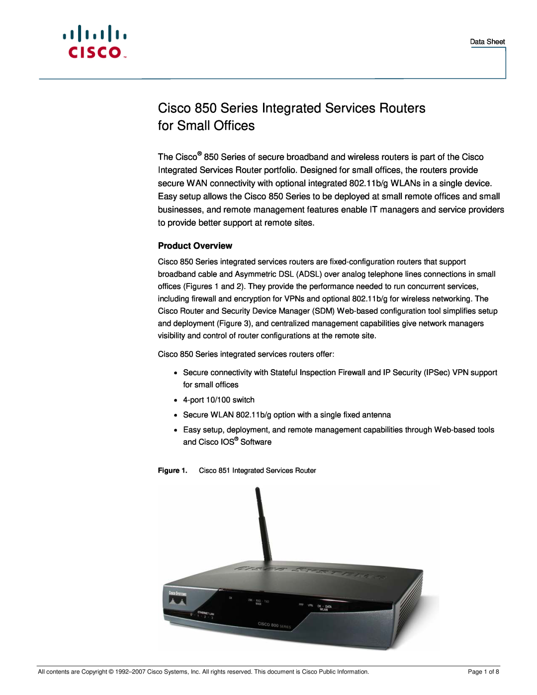 Cisco Systems CISCO851WGEK9RF manual Product Overview, Cisco 850 Series Integrated Services Routers for Small Offices 