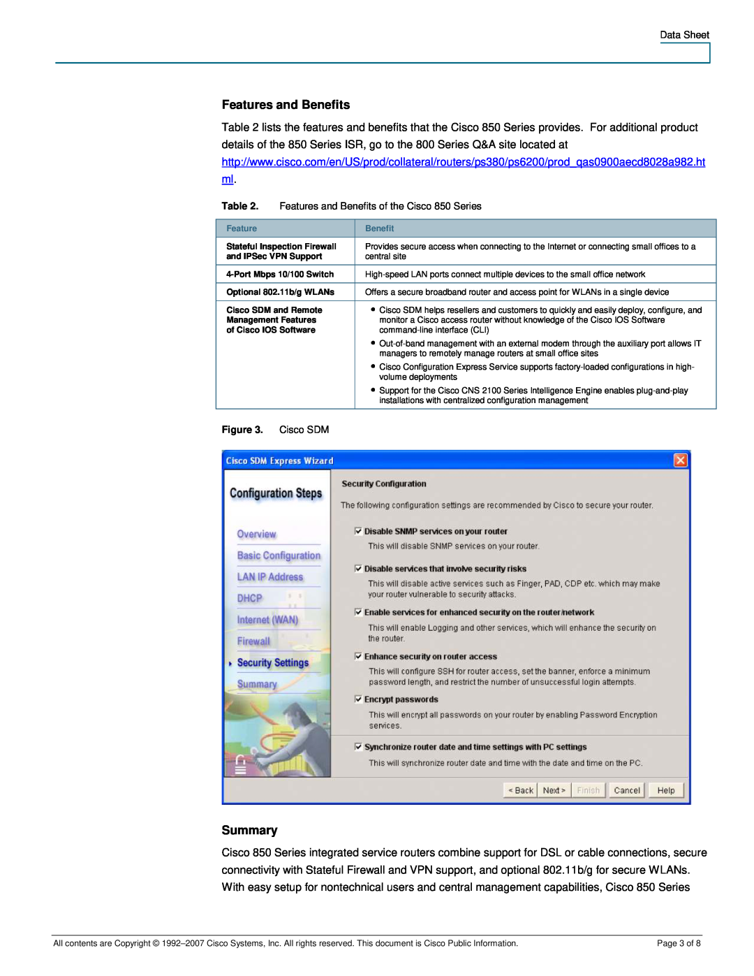 Cisco Systems CISCO851WGEK9RF manual Summary, Data Sheet, Features and Benefits of the Cisco 850 Series, Cisco SDM 