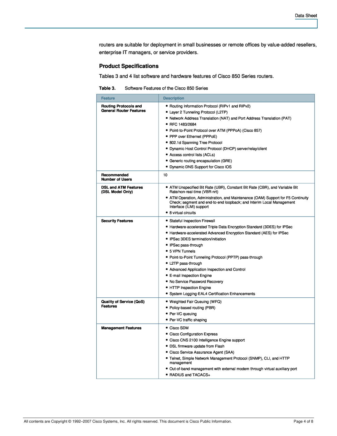 Cisco Systems CISCO851WGEK9RF manual Product Specifications, Page 4 of 