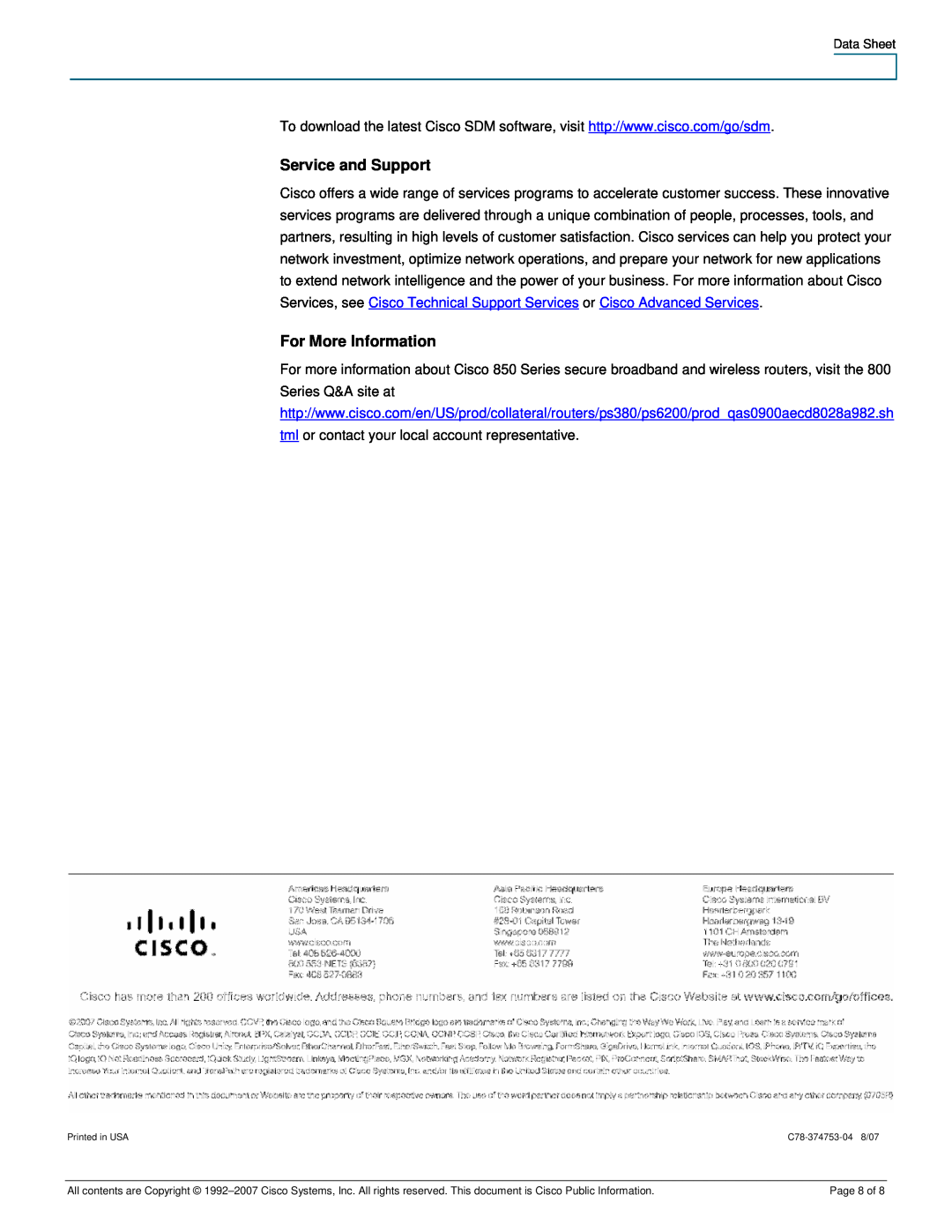 Cisco Systems CISCO851WGEK9RF manual Service and Support, For More Information, C78-374753-04 8/07, Page 8 of 