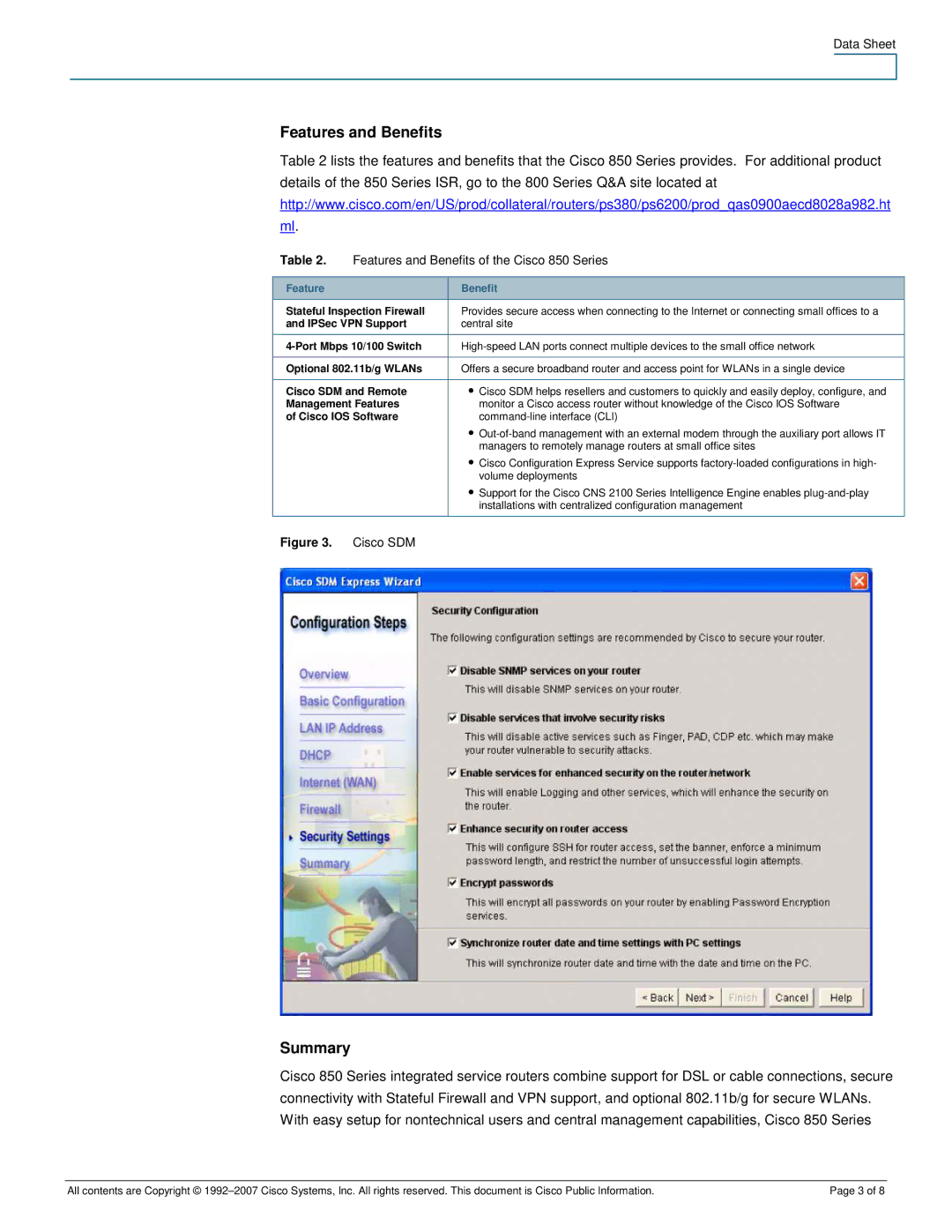 Cisco Systems CISCO851WGEK9RF manual Summary, Features and Benefits of the Cisco 850 Series, Cisco SDM, Feature Benefit 