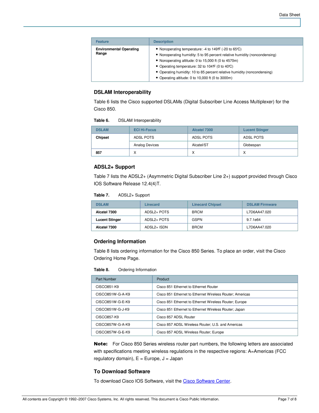 Cisco Systems CISCO851WGEK9RF manual Dslam Interoperability, ADSL2+ Support, Ordering Information, To Download Software 