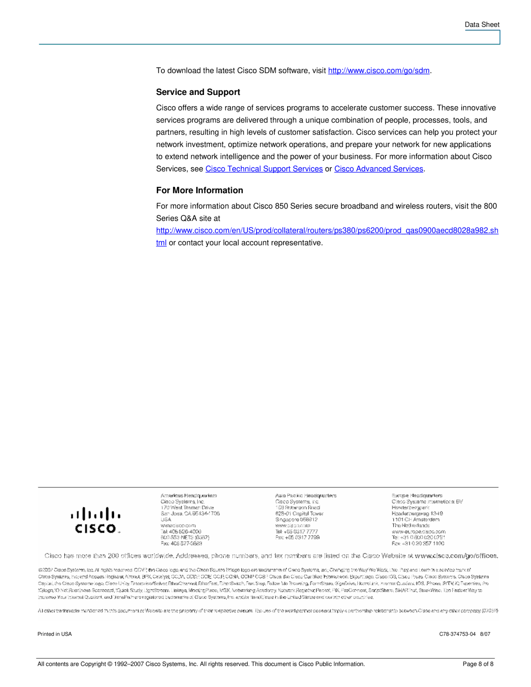 Cisco Systems CISCO851WGEK9RF manual Service and Support, For More Information 