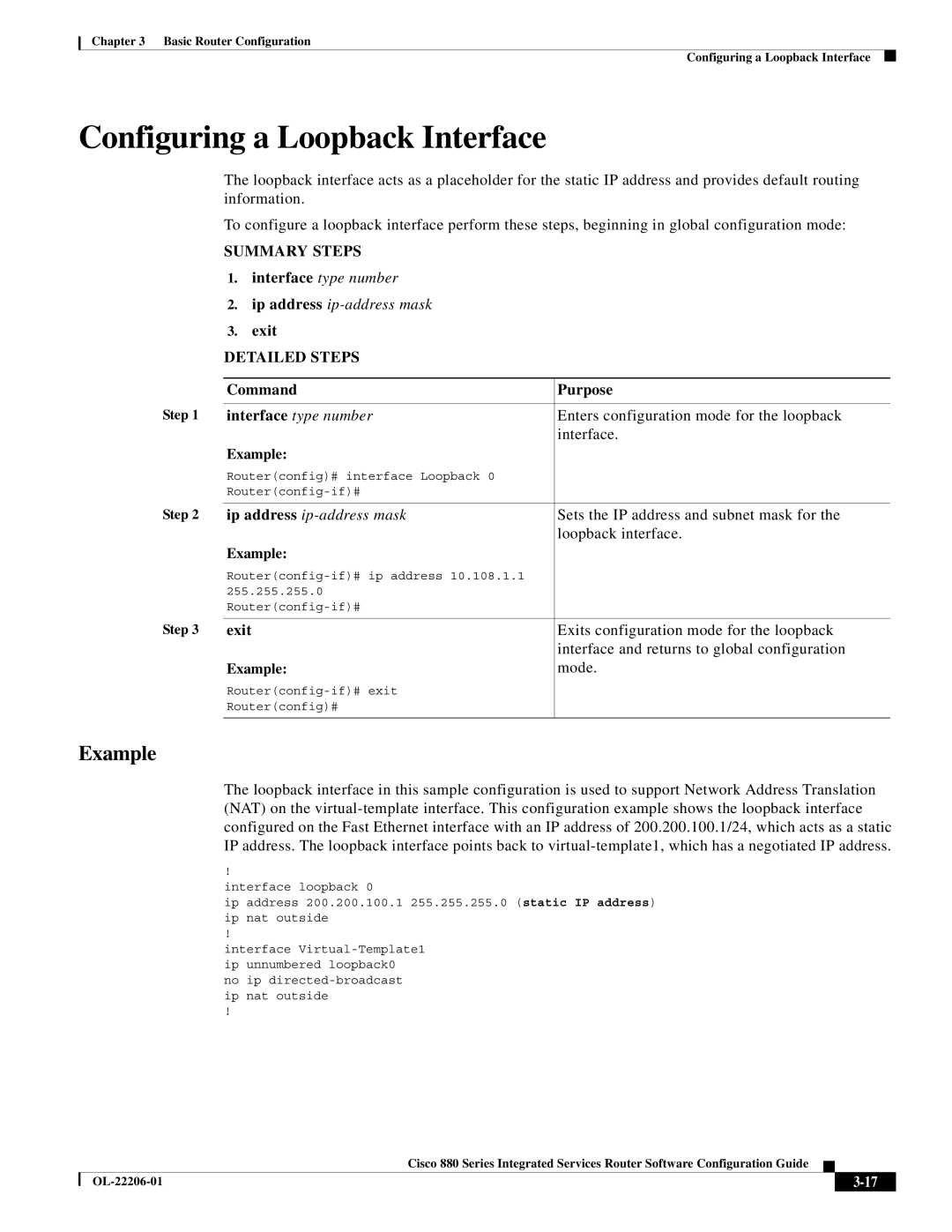 Cisco Systems CISCO881SECK9 manual Configuring a Loopback Interface, Exit 