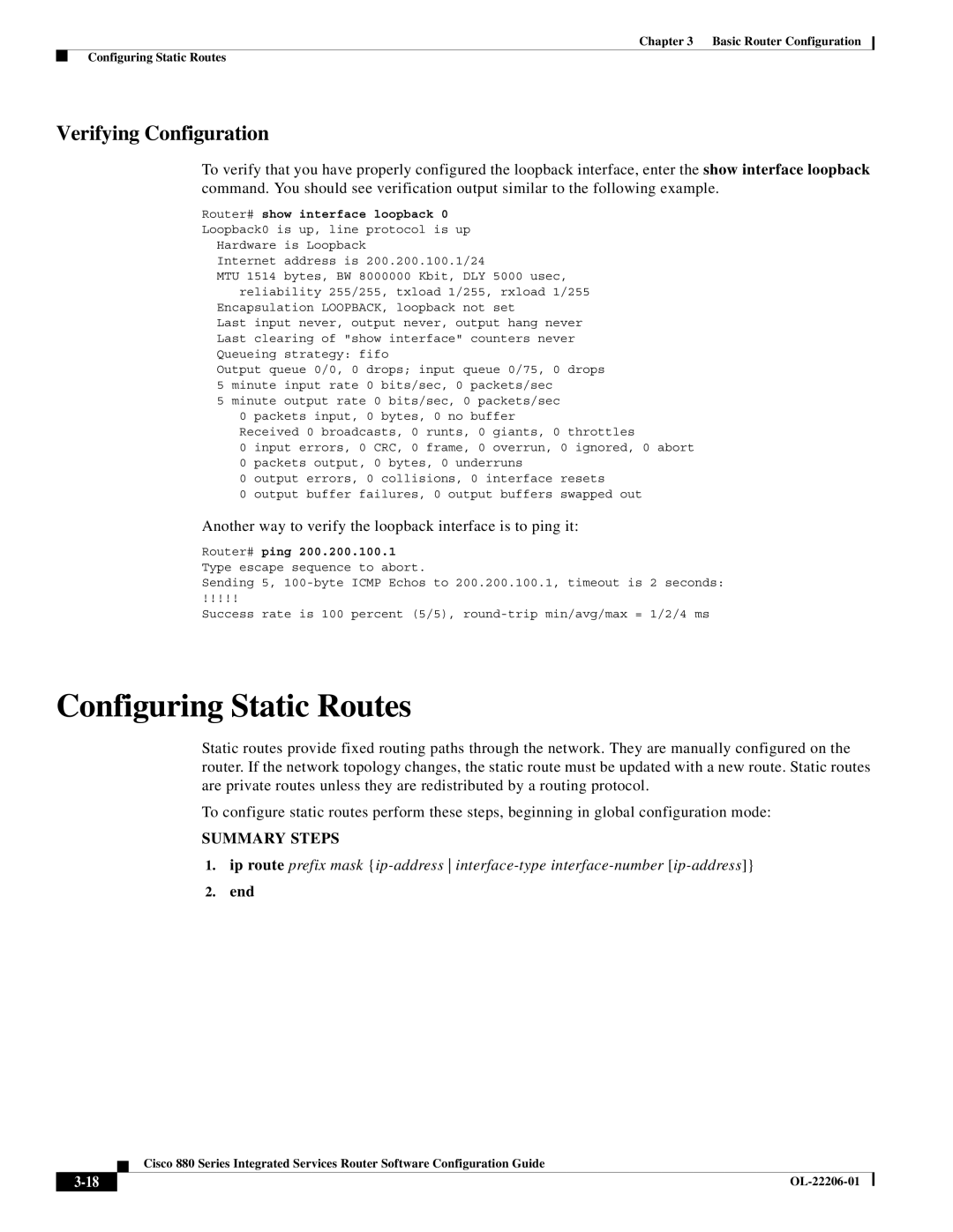 Cisco Systems CISCO881SECK9 manual Configuring Static Routes, Verifying Configuration 