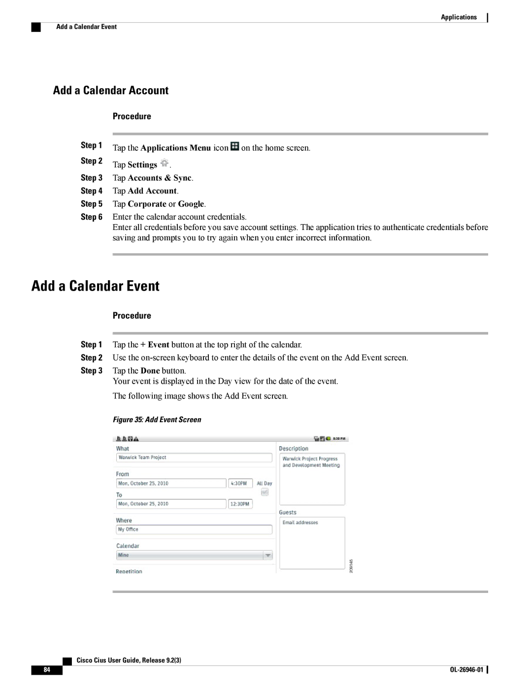 Cisco Systems CiscoCius manual Add a Calendar Event, Add a Calendar Account 