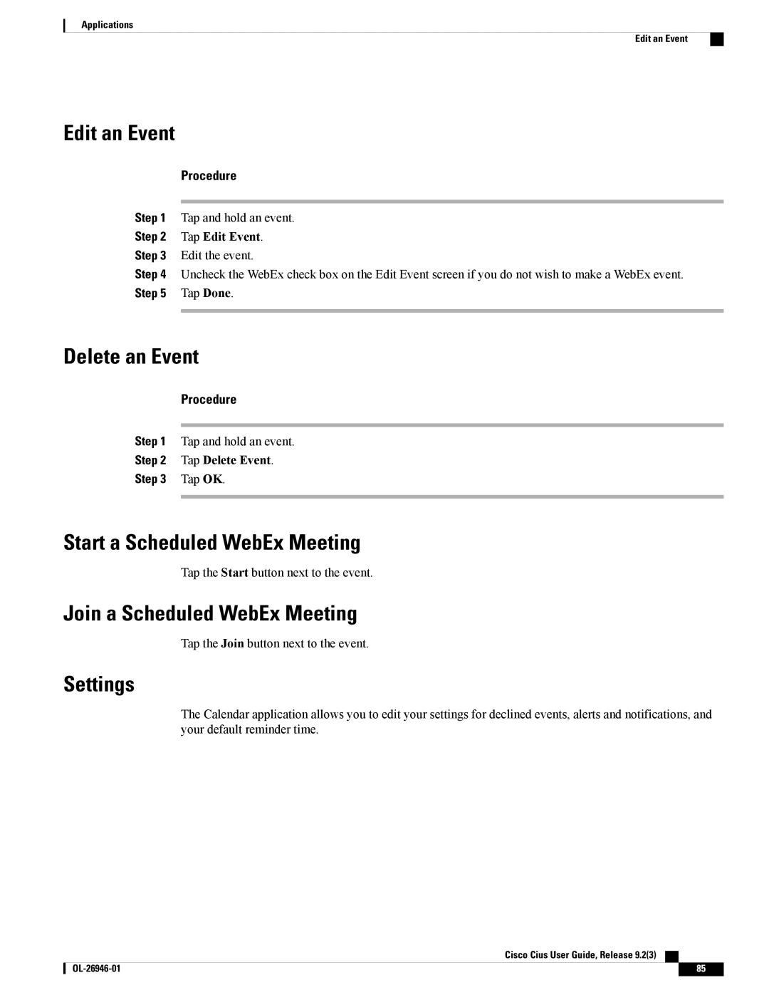 Cisco Systems CiscoCius Edit an Event, Delete an Event, Start a Scheduled WebEx Meeting, Join a Scheduled WebEx Meeting 