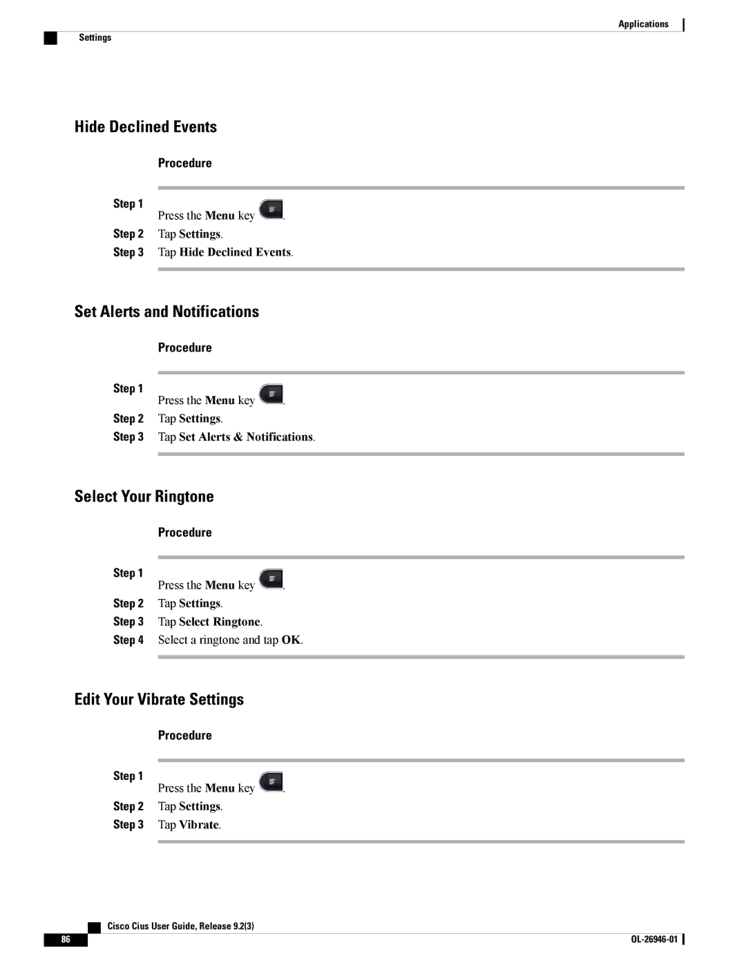 Cisco Systems CiscoCius manual Hide Declined Events, Set Alerts and Notifications, Select Your Ringtone 