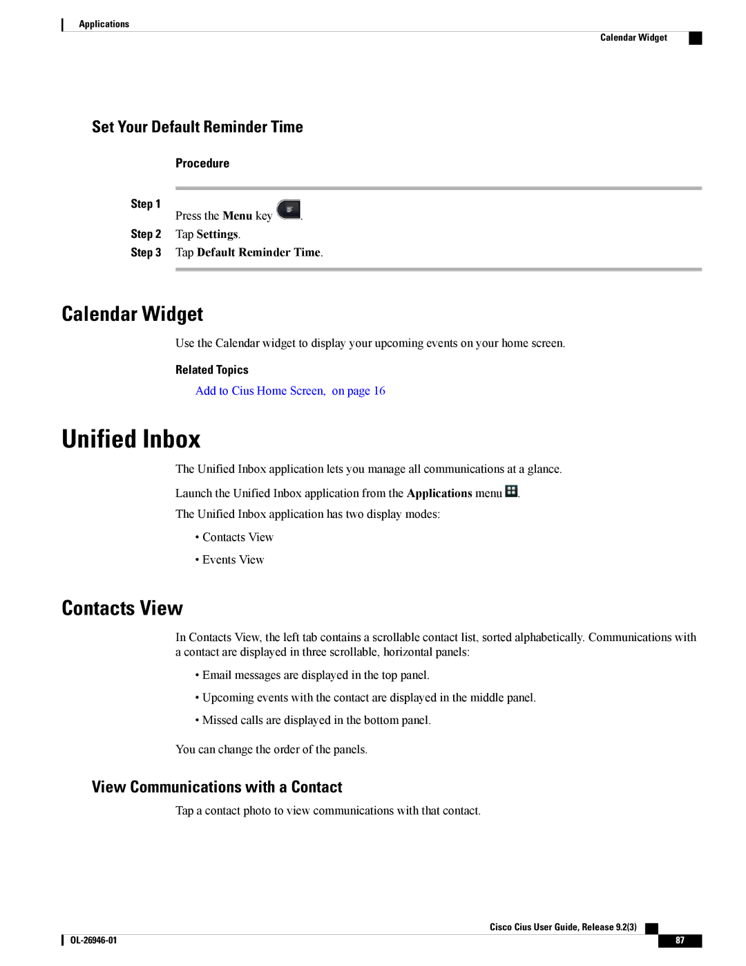 Cisco Systems CiscoCius manual Unified Inbox, Calendar Widget, Contacts View, Set Your Default Reminder Time 