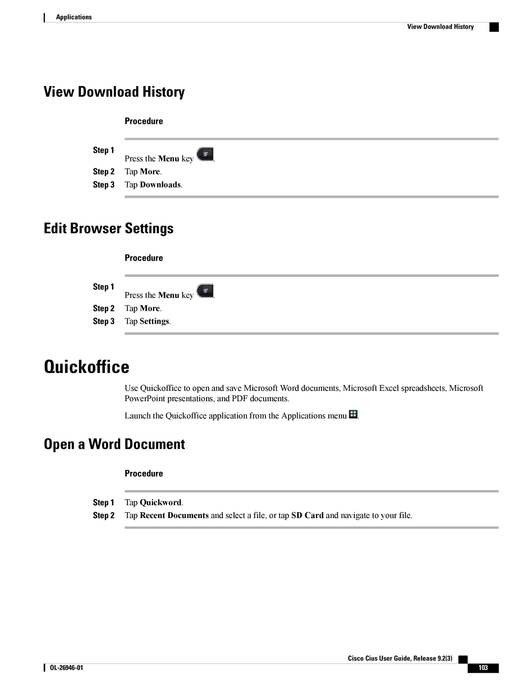 Cisco Systems CiscoCius manual Quickoffice, View Download History, Edit Browser Settings, Open a Word Document 