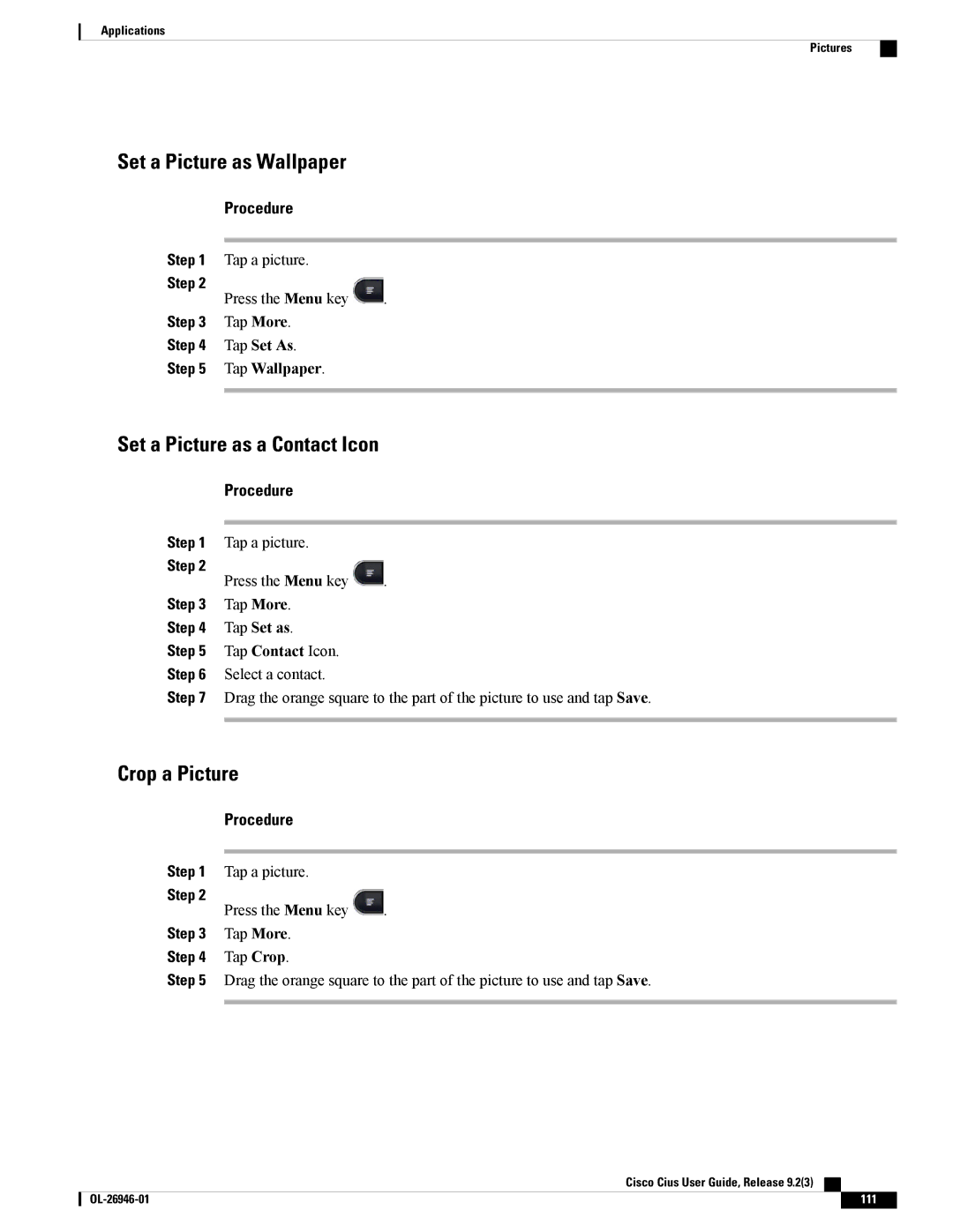 Cisco Systems CiscoCius manual Set a Picture as Wallpaper, Set a Picture as a Contact Icon, Crop a Picture, Tap Wallpaper 