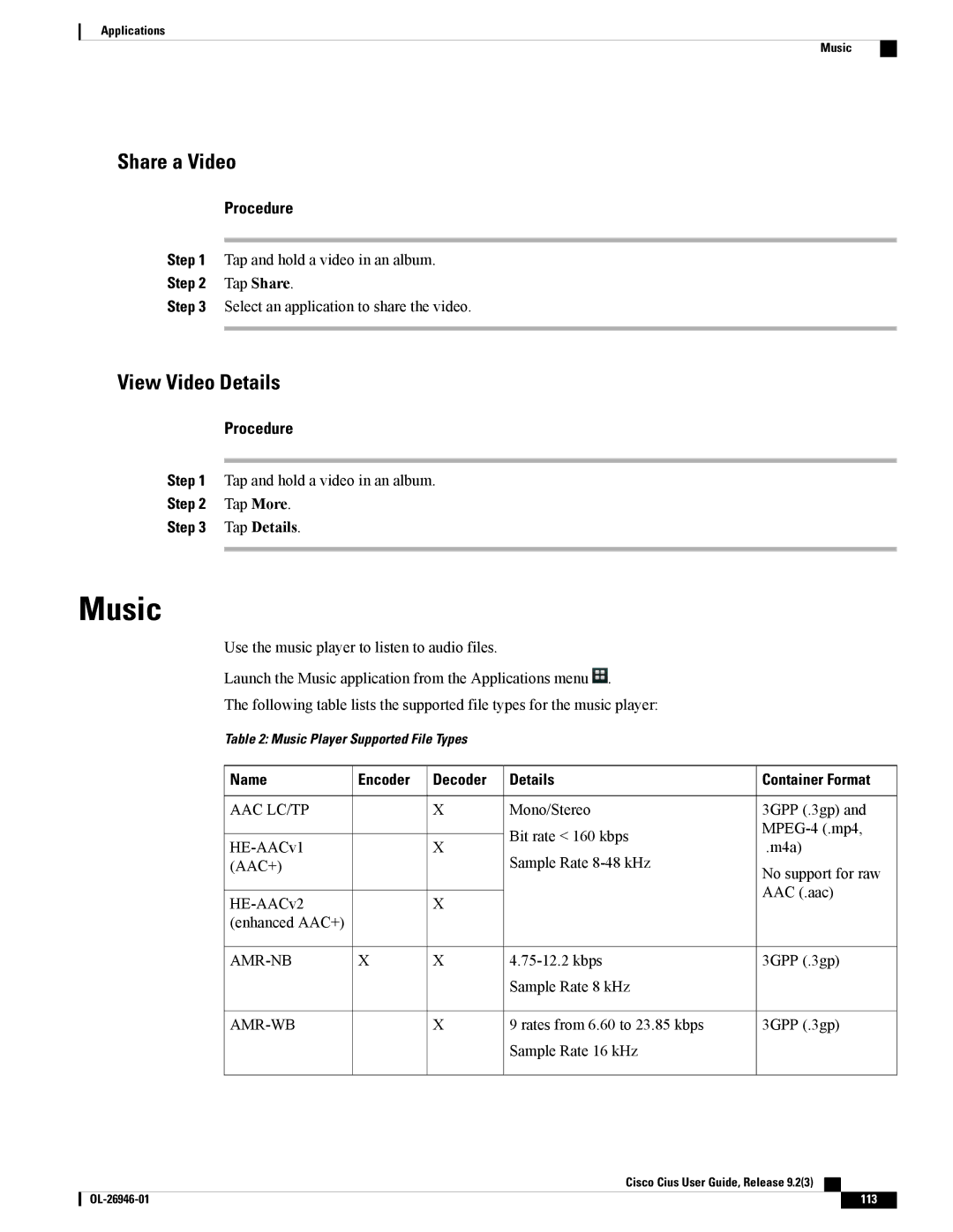 Cisco Systems CiscoCius manual Music, Share a Video, View Video Details 