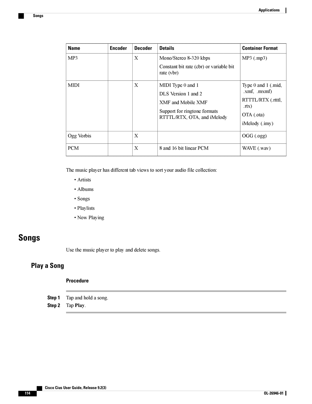 Cisco Systems CiscoCius manual Songs, Play a Song 