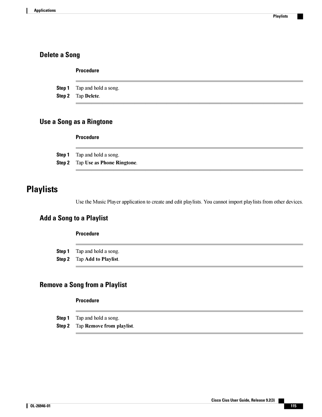 Cisco Systems CiscoCius manual Playlists, Delete a Song, Use a Song as a Ringtone, Add a Song to a Playlist 
