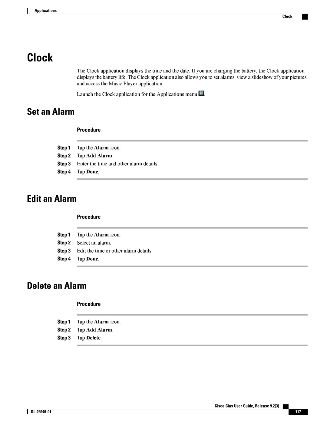 Cisco Systems CiscoCius manual Clock, Set an Alarm, Edit an Alarm, Delete an Alarm, Tap Add Alarm 