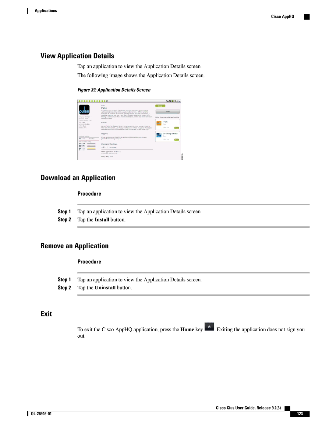 Cisco Systems CiscoCius manual View Application Details, Download an Application, Remove an Application, Exit 