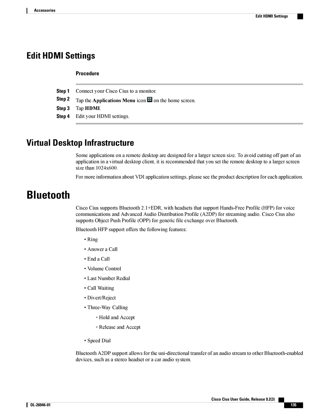 Cisco Systems CiscoCius manual Bluetooth, Edit Hdmi Settings, Virtual Desktop Infrastructure 