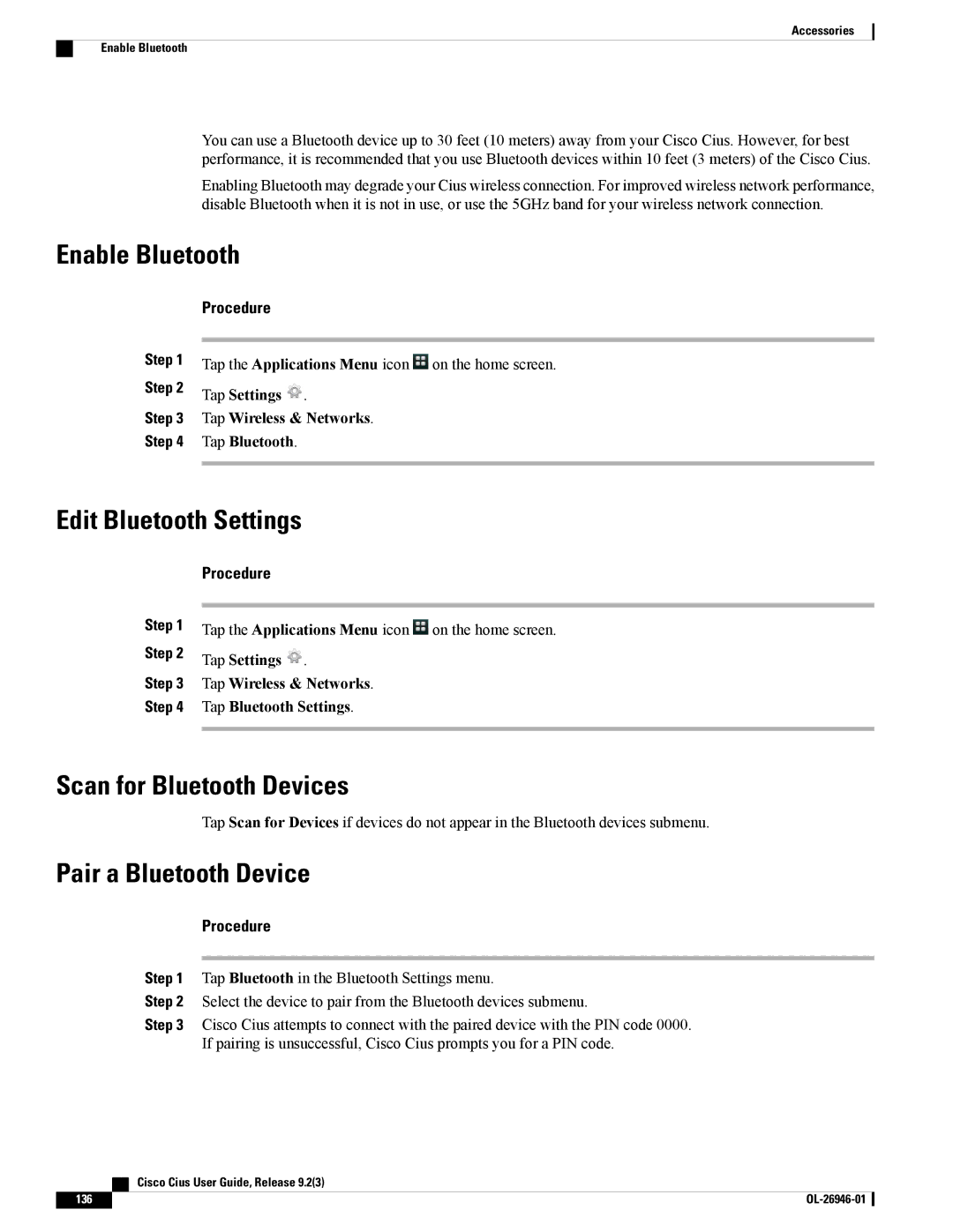 Cisco Systems CiscoCius Enable Bluetooth, Edit Bluetooth Settings, Scan for Bluetooth Devices, Pair a Bluetooth Device 