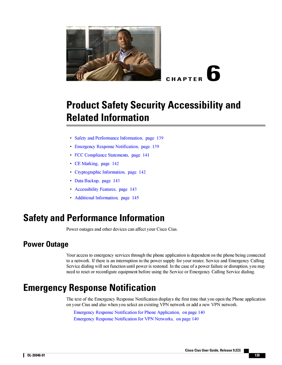 Cisco Systems CiscoCius manual Safety and Performance Information, Emergency Response Notification, Power Outage 