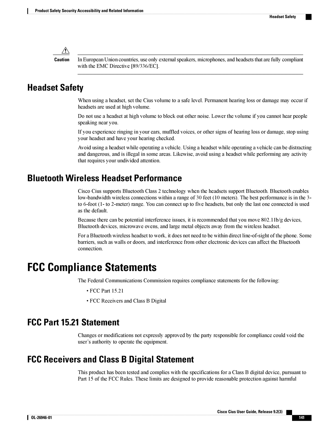 Cisco Systems CiscoCius manual FCC Compliance Statements, Headset Safety, Bluetooth Wireless Headset Performance 