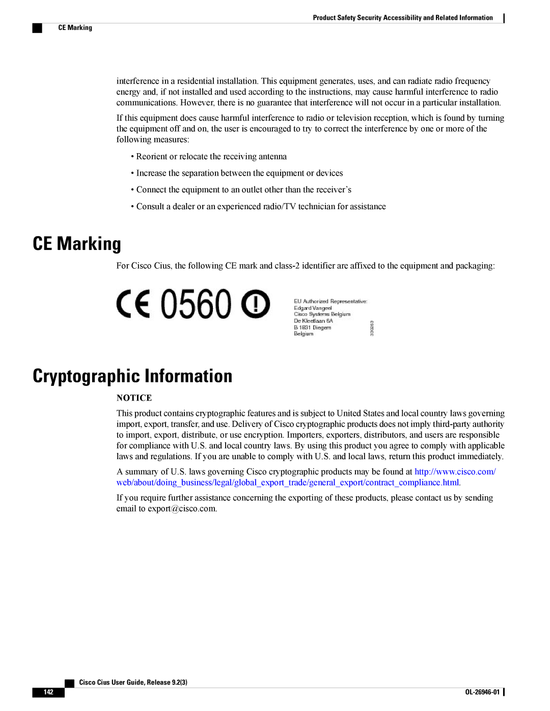 Cisco Systems CiscoCius manual CE Marking, Cryptographic Information 