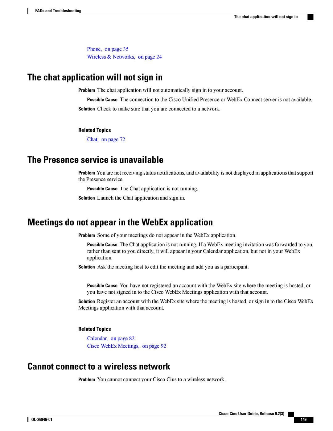 Cisco Systems CiscoCius manual Chat application will not sign, Presence service is unavailable 