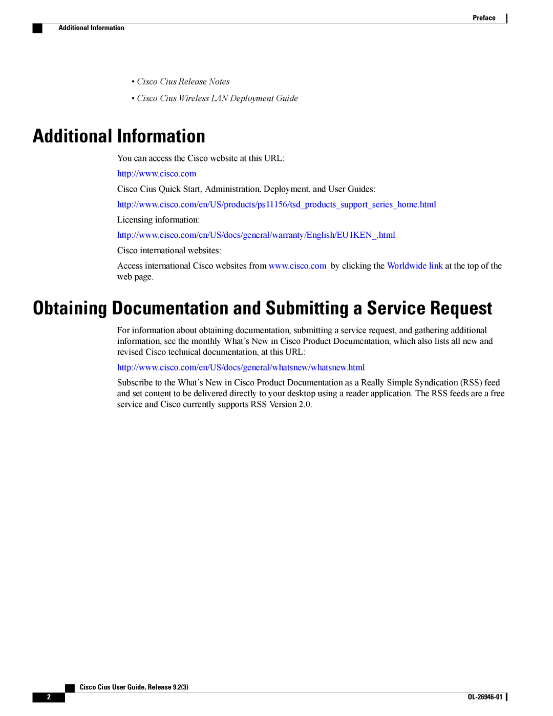 Cisco Systems CiscoCius manual Additional Information, Obtaining Documentation and Submitting a Service Request 