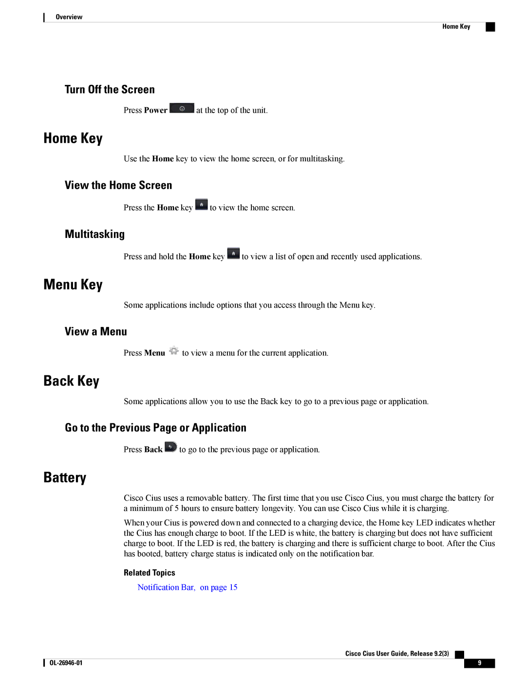 Cisco Systems CiscoCius manual Home Key, Menu Key, Back Key, Battery 