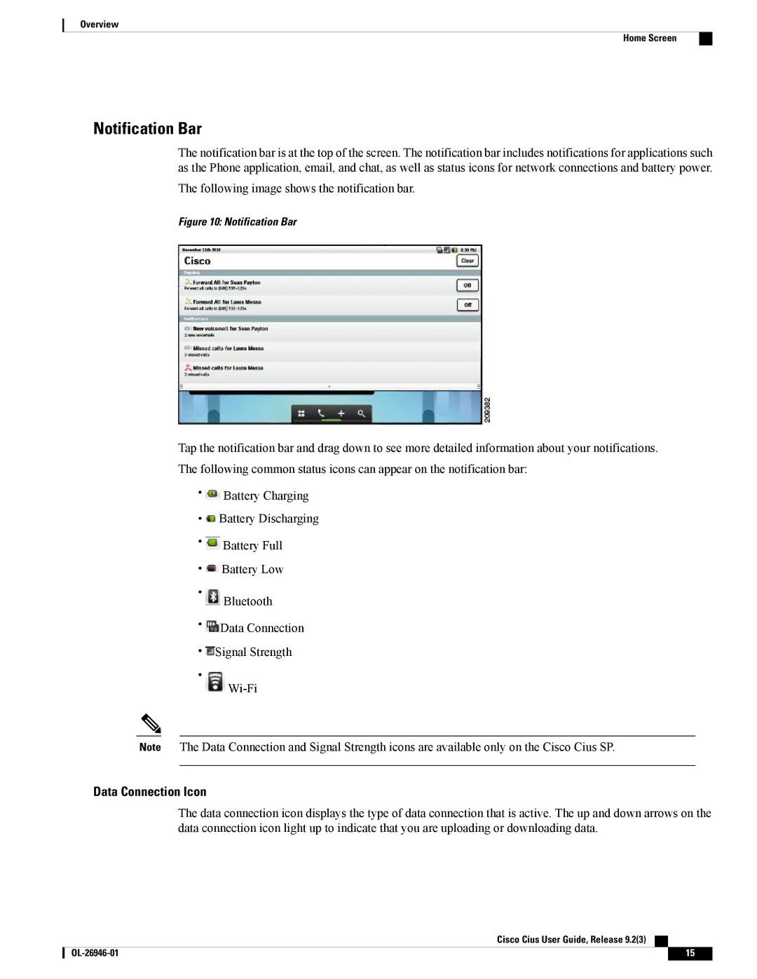 Cisco Systems CiscoCius manual Notification Bar, Data Connection Icon 