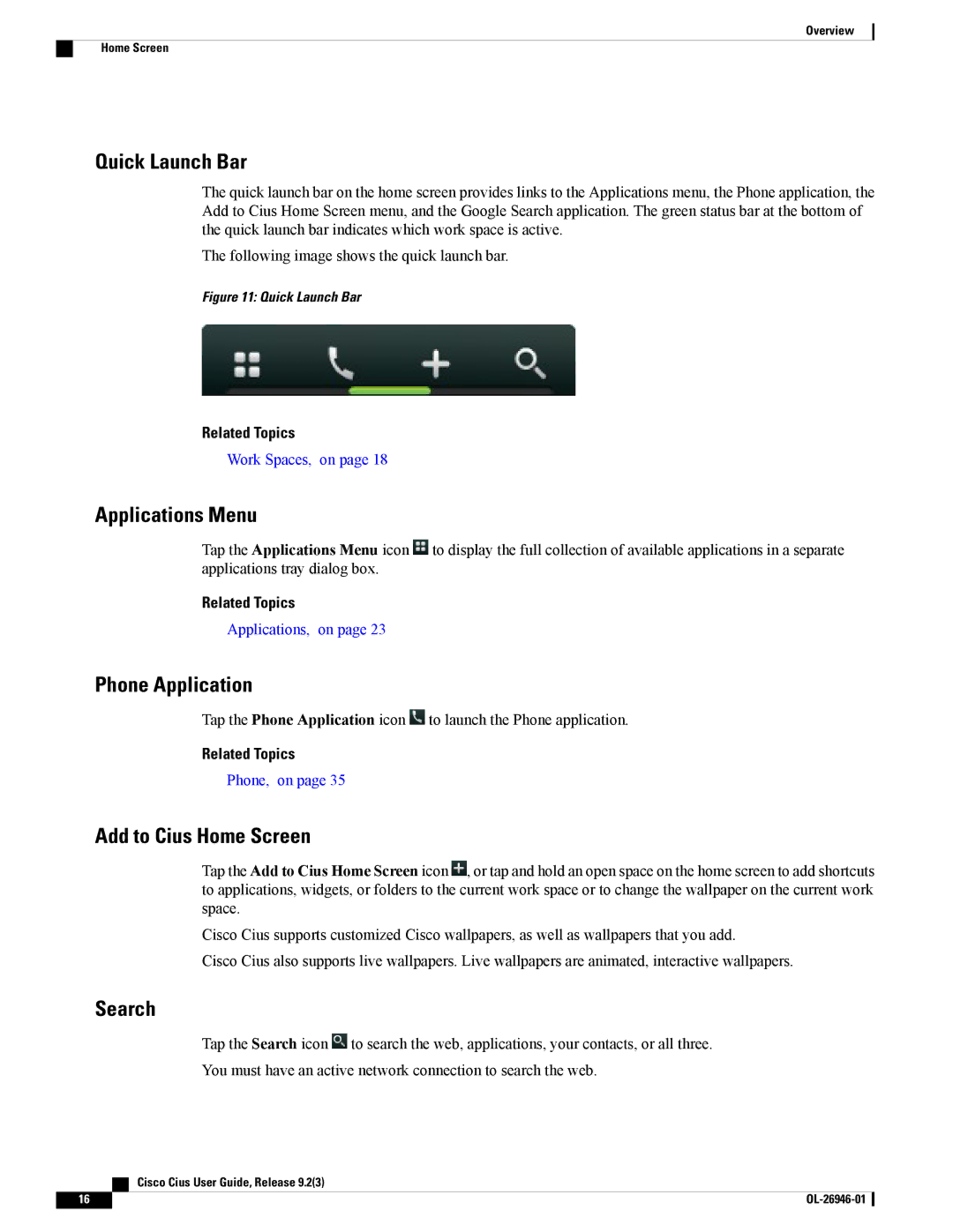 Cisco Systems CiscoCius manual Quick Launch Bar, Applications Menu, Phone Application, Add to Cius Home Screen, Search 