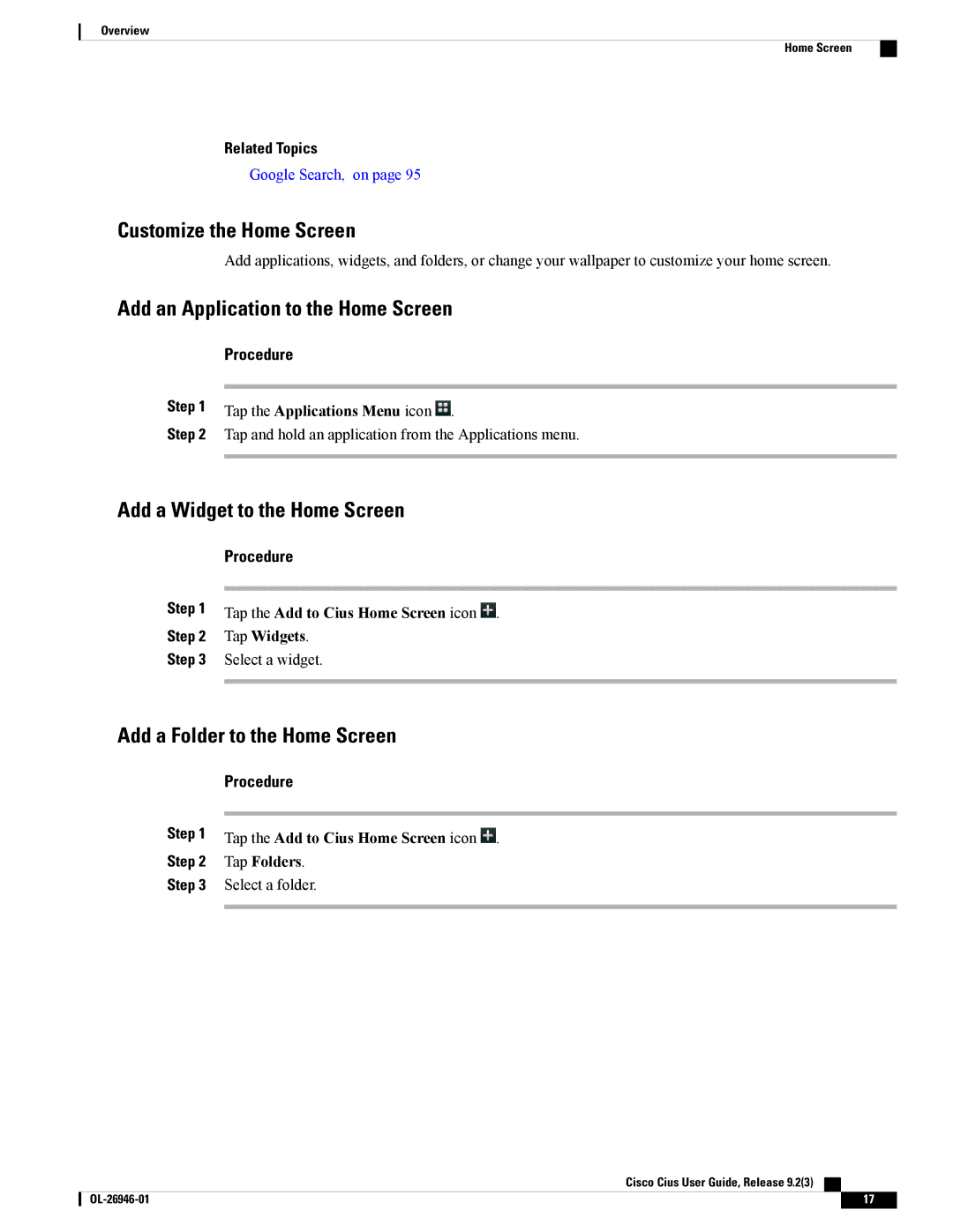 Cisco Systems CiscoCius Customize the Home Screen, Add an Application to the Home Screen, Add a Widget to the Home Screen 