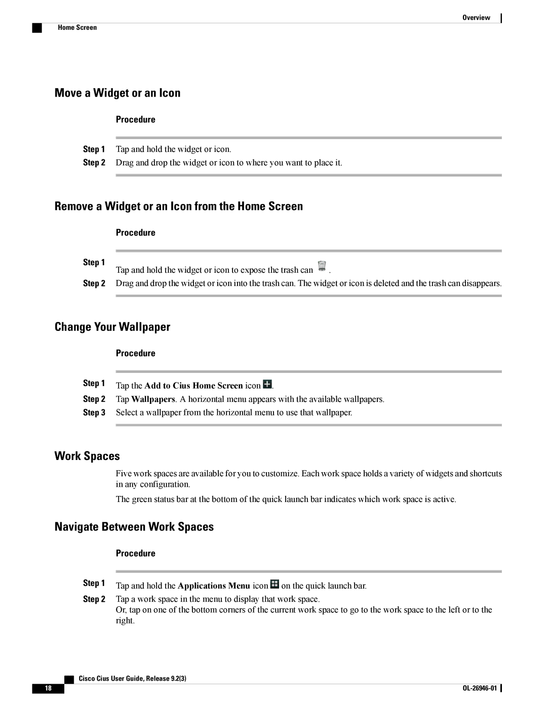Cisco Systems CiscoCius Move a Widget or an Icon, Remove a Widget or an Icon from the Home Screen, Change Your Wallpaper 