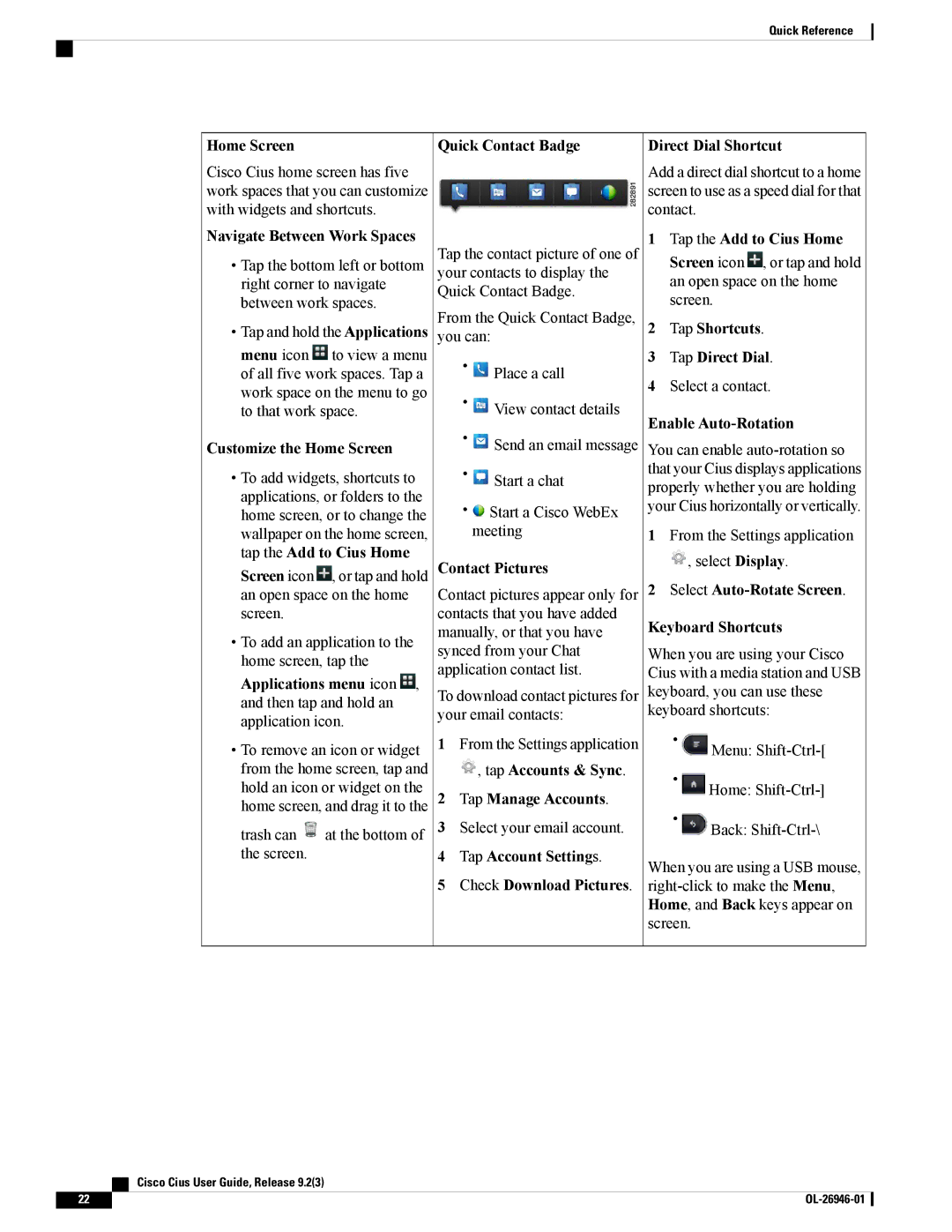 Cisco Systems CiscoCius manual Home Screen, Quick Contact Badge Direct Dial Shortcut, Navigate Between Work Spaces 