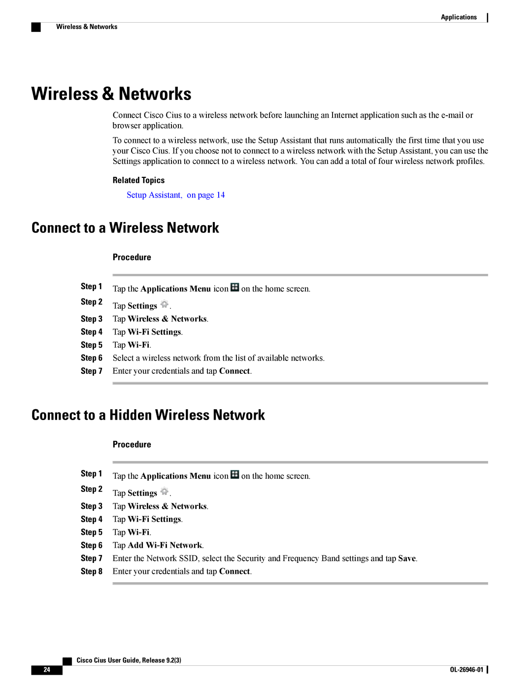 Cisco Systems CiscoCius manual Wireless & Networks, Connect to a Wireless Network, Connect to a Hidden Wireless Network 