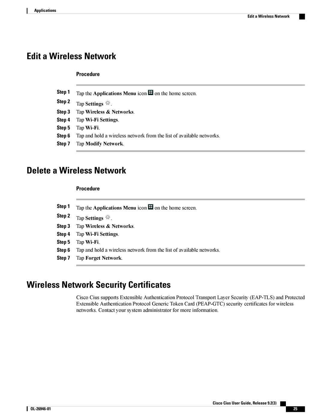 Cisco Systems CiscoCius manual Edit a Wireless Network, Delete a Wireless Network, Wireless Network Security Certificates 