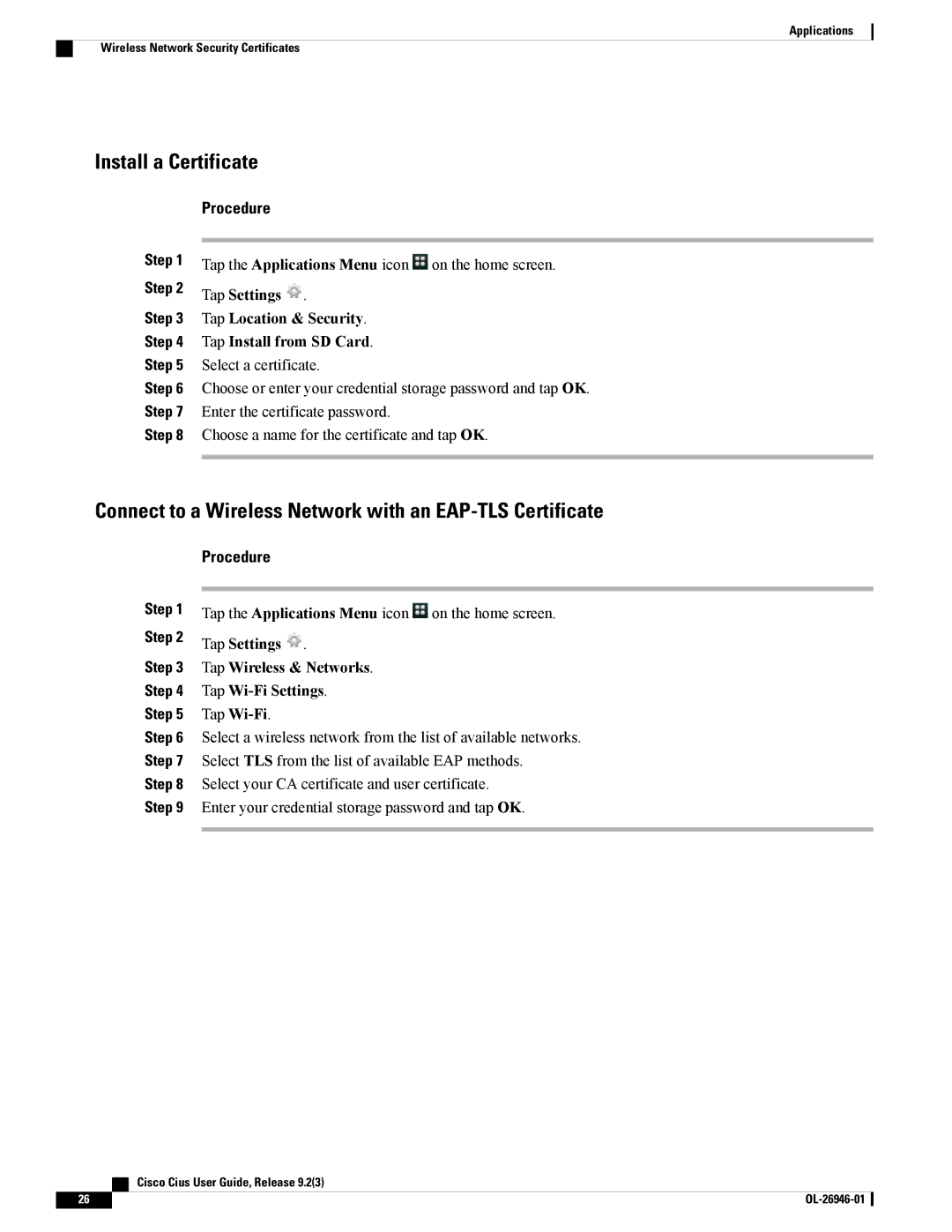 Cisco Systems CiscoCius manual Install a Certificate, Connect to a Wireless Network with an EAP-TLS Certificate 