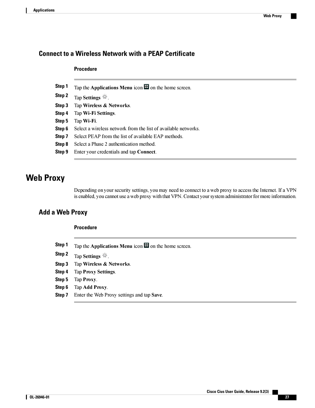 Cisco Systems CiscoCius manual Connect to a Wireless Network with a Peap Certificate, Add a Web Proxy, Tap Add Proxy 