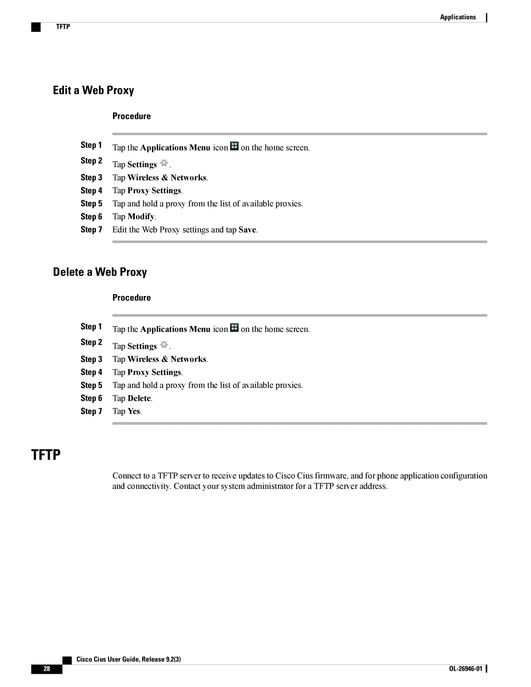 Cisco Systems CiscoCius manual Edit a Web Proxy, Delete a Web Proxy, Tap Modify, Tap Delete 