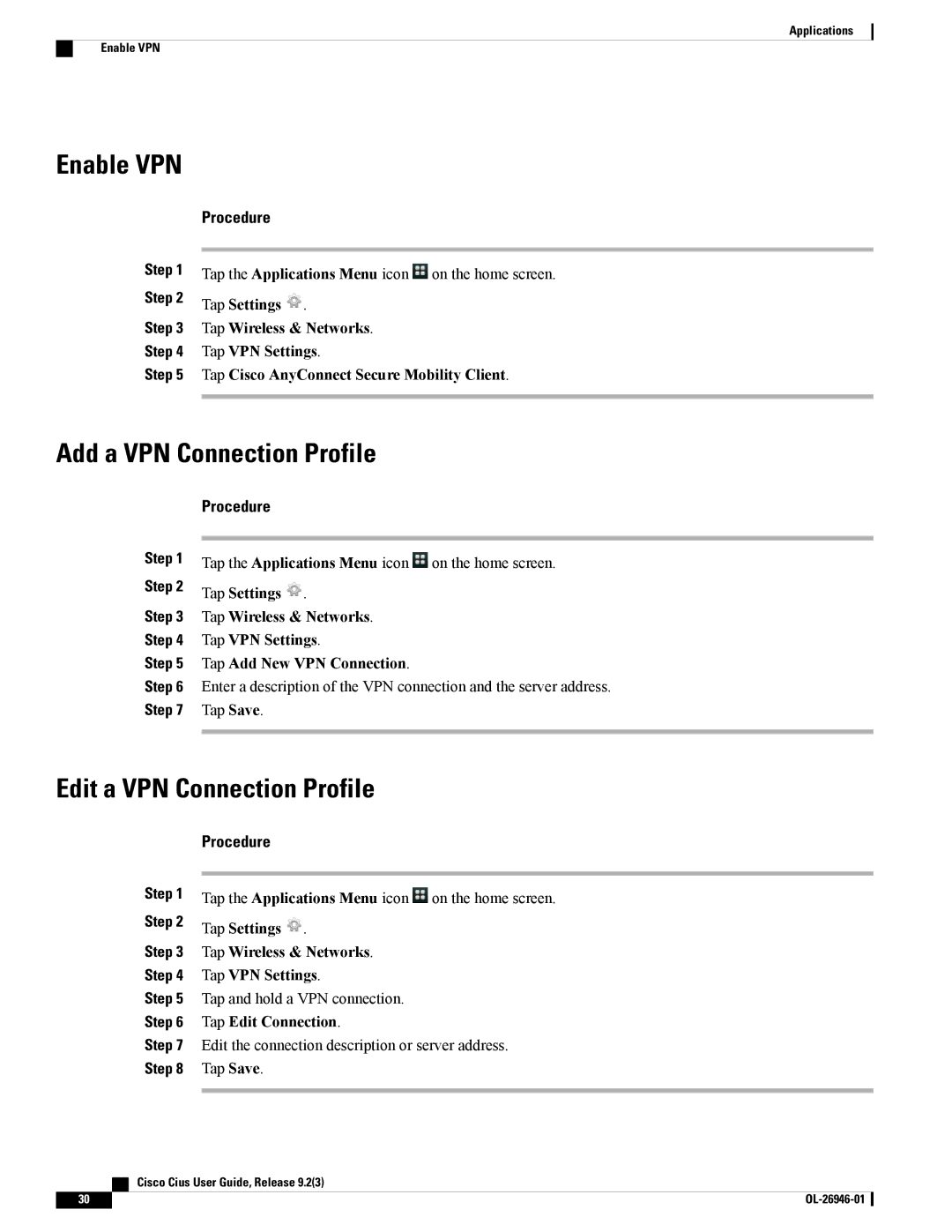 Cisco Systems CiscoCius manual Enable VPN, Add a VPN Connection Profile, Edit a VPN Connection Profile 